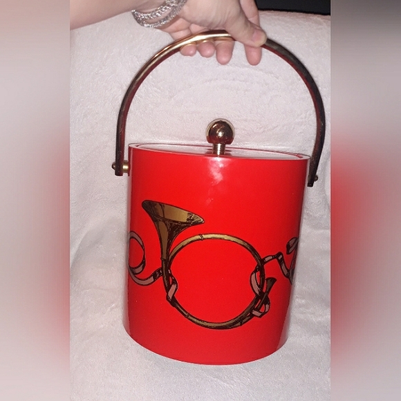 Daniel Baer Signed Hunting Horn Motif Ice Bucket Red & Gold - Picture 3 of 12